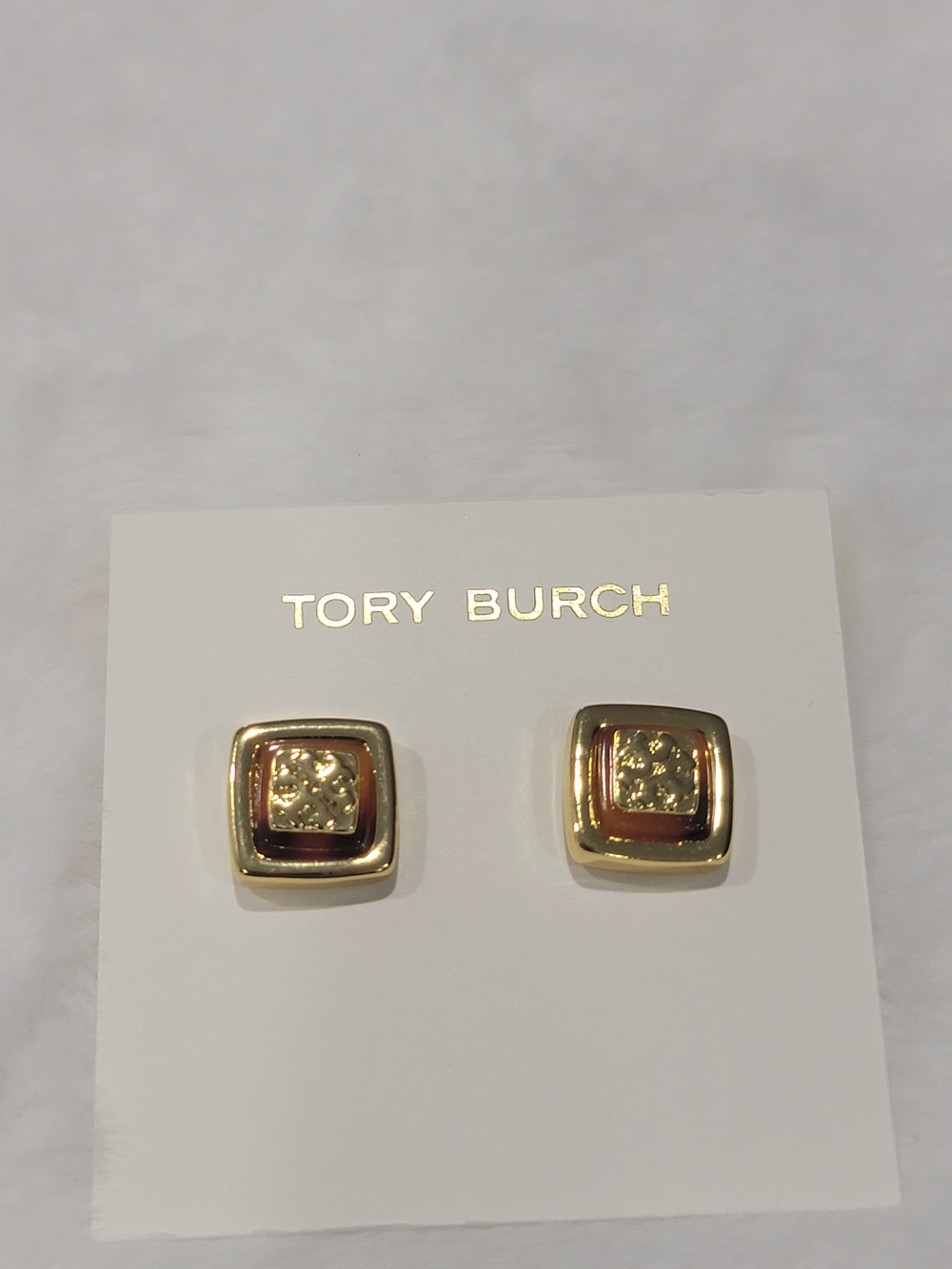 Tory Burch Gold and Brown Square Stud Earrings